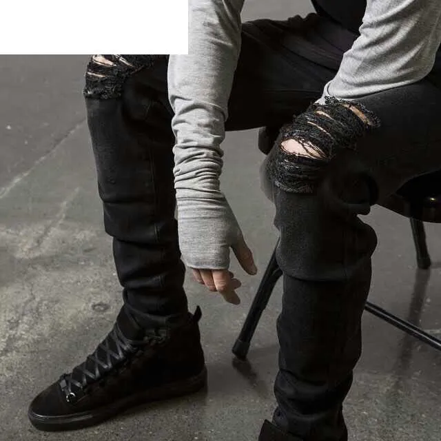 Mode Heren Rechte Slim Fit Biker Jeans Broek Distressed Skinny Ripped Vernietigde Denim Jeans Gewassen Hiphop Broek Zwart