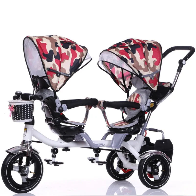 Wholesale- Double Stroller Child Bike Stroller Double Seats Baby Tricycle for Twins Bike Folding Three Wheels Twins Tricycle Pushchairs