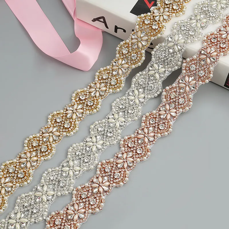 gold jeweled belt for dress 1PC Luxury Gold Rhinestone Bridal Sash Belt, AB Crystal Scroll Wedding Waistband White Ribbon, Formal Dress Waist Accessory Evening Prom Party