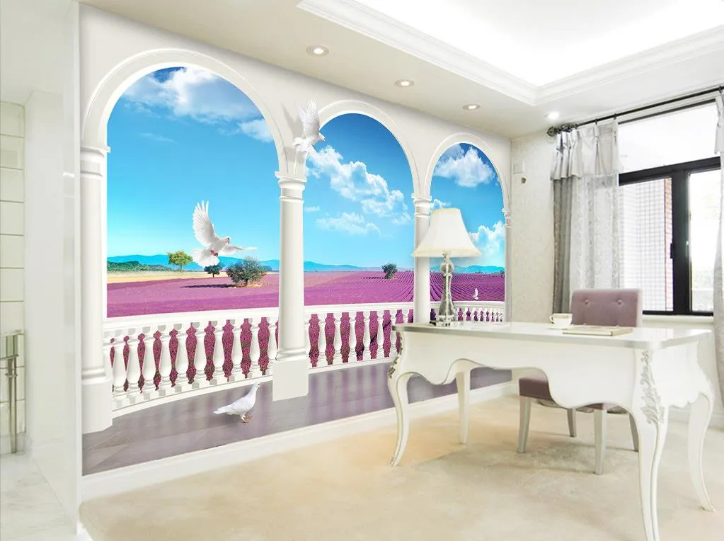 ファッションの装飾の家の装飾のための寝室の夢の3 dラベンダー青い空白い雲テレビの背景の壁