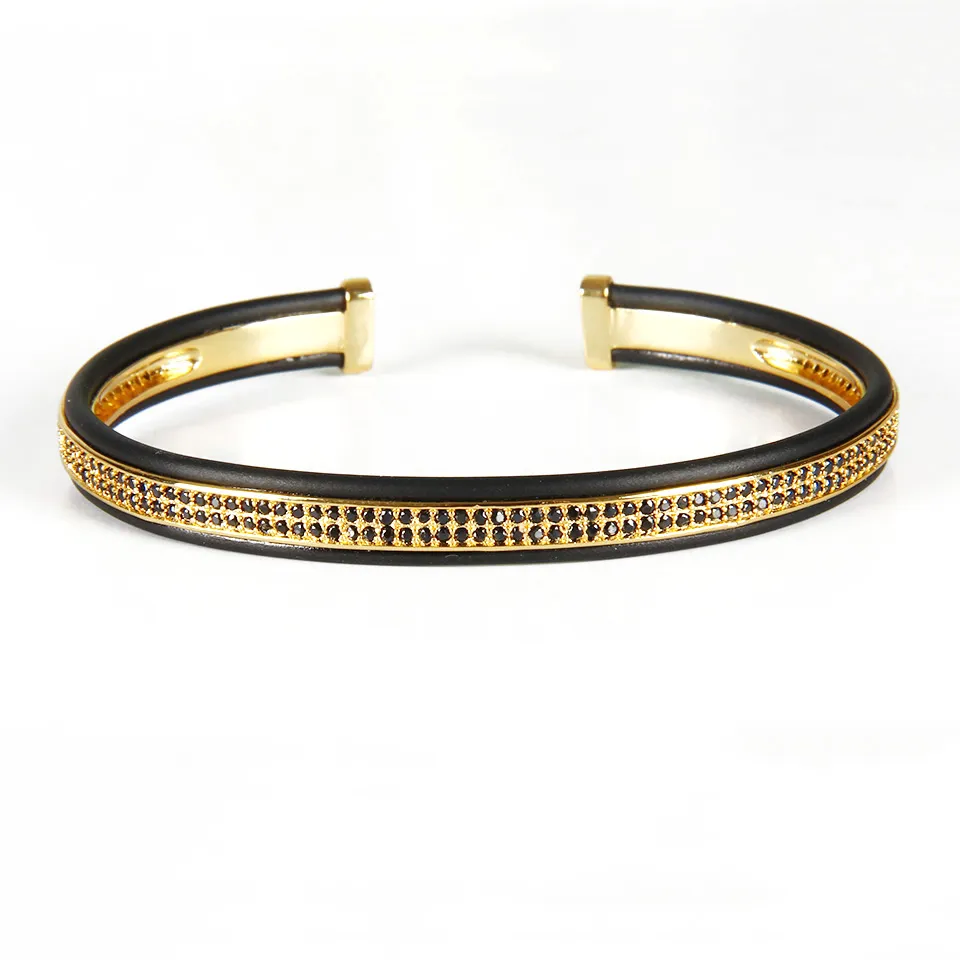 1 pièces de haute qualité bijoux manchette ouverte Sivler Bracelets hommes femmes Double brut noir Cz perles Bracelets bracelet manchette Bracelets pour Men290e