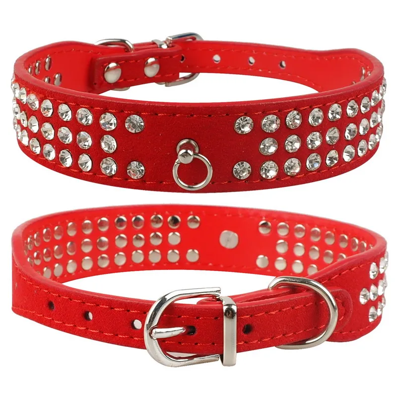 Mixed Brand New suede Leather Dog Collars 3 Rows Rhinestone Dog collar diamond Cute Pet Collars 100% Quality 4 Sizes