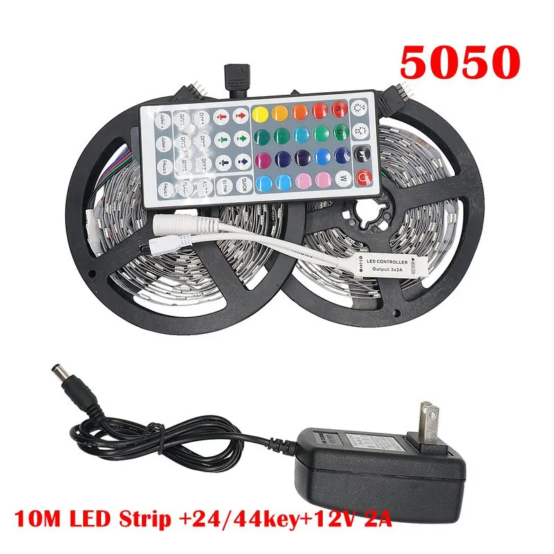 RGB LED Şerit Işık 5050 5M 10M IP20 LED Işık Rgb Led Bant Led Şerit Esnek Mini IR Denetleyici DC12V Adaptör Seti