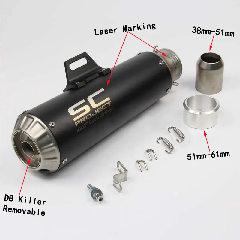 Lasermarkering SC 38-51mm Universal Motorcykel Avgasdämpare med DB Killer Modifierad Scooter