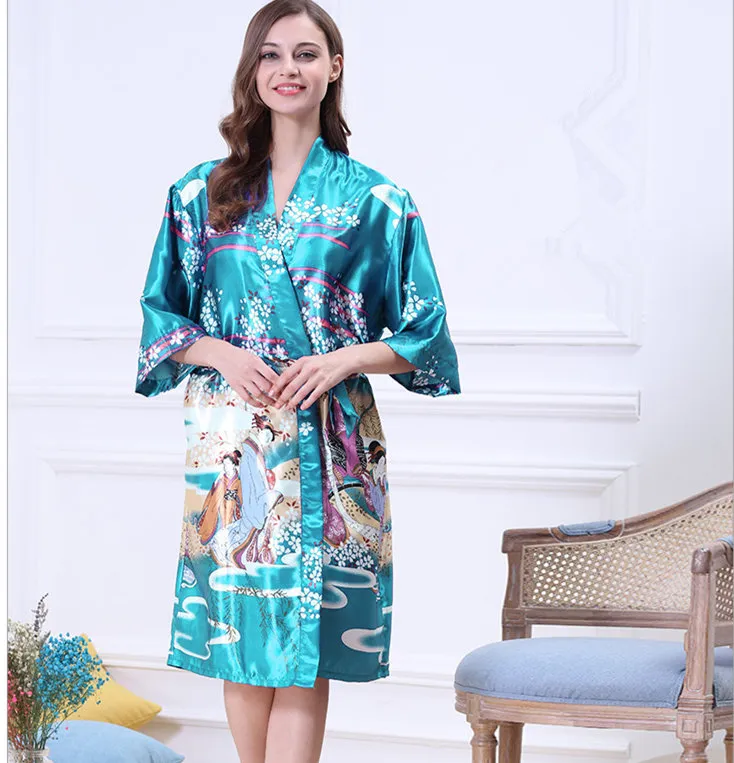 Camisón tipo kimono Yukata japonés para mujer, estampado Floral, batas Vintage de seda satinada, lencería Sexy, Pijama