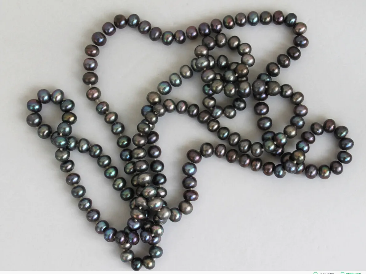 Belas pérolas jóias 48 polegadas longo 8-9mm pavão preto quase redondo pérola corda corda colar sweater cadeia