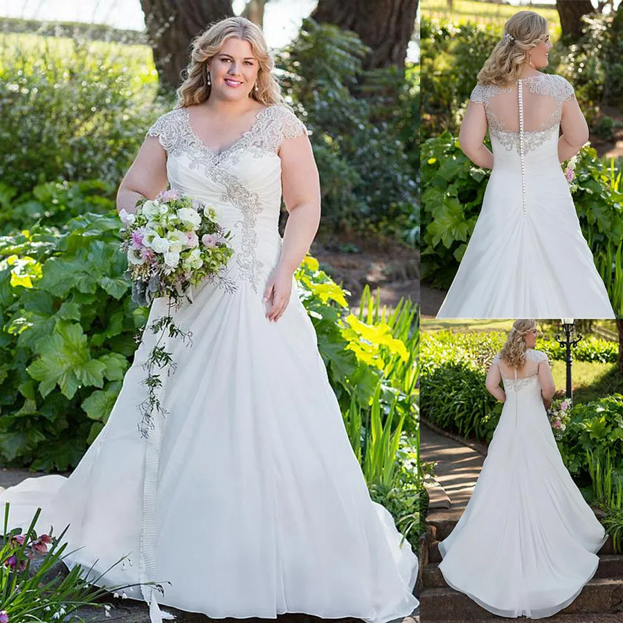 Chiffon V-Neck A-Line Plus Size Wedding Dress with Beaded Embroidery, Ruched  Bodice, and Illusion Back from Dhgate A-Line Wedding Dresses - price 138.2