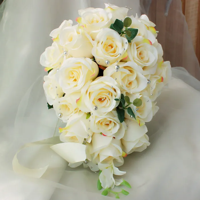 Ivory Rose Artificial Bridal Cascading Bouquet Bride Wedding Flowers Silk Ribbon Buque De Noiva Party Supplies298K