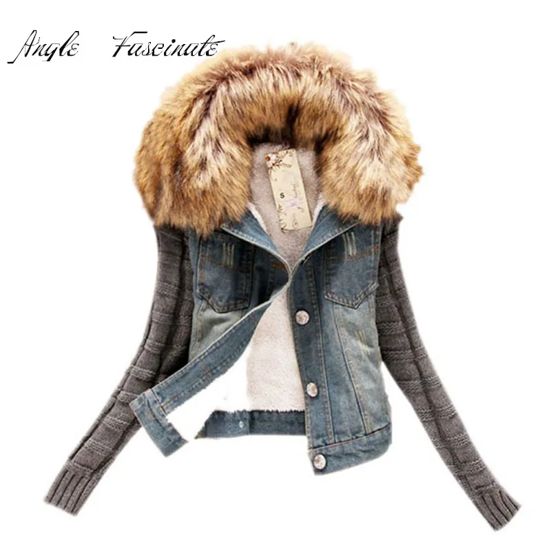 Vente en gros- Casaco Feminino Hiver Femmes Mode Veste En Jean Col De Fourrure Mobile Manteau De Laine Bomber Veste Jean Femmes Manteaux De Base