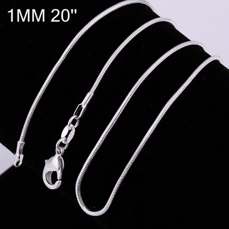 1MM 925 sterling silver smooth snake chains women Necklaces Jewelry snake chain size 16 18 20 22 24 26 28 30 inch Wholesale