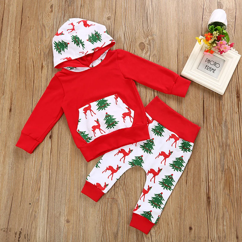 Baby Christmas Outfits Newborn Set Infant Baby Girls Clothes Kids Suit Deer Print Long Sleeve Tops Romper Pants Hat Kids Clothing Sets