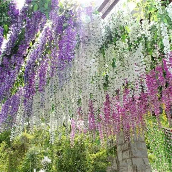 Romantici fiori artificiali Simulazione Glicine Vite Decorazioni di nozze Lungo corto Pianta di seta Bouquet Camera Ufficio Giardino Accessori da sposa