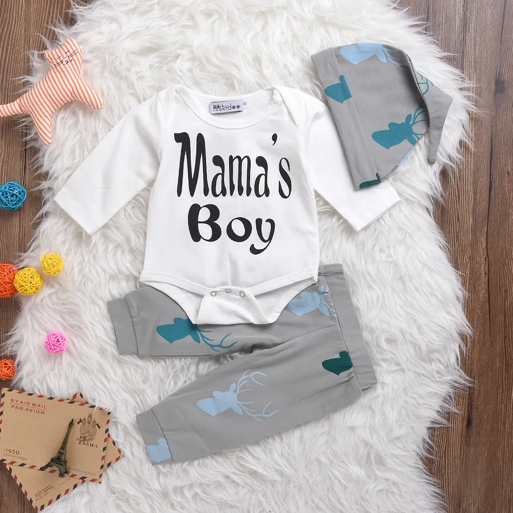 Mikrdoo Natale Neonato Abbigliamento Bambini Lettera Mama's Boy Manica Lunga Pagliaccetto Cervo Pantaloni Cappello 3 pz Toddler Tuta Abbigliamento Neonato Tuta