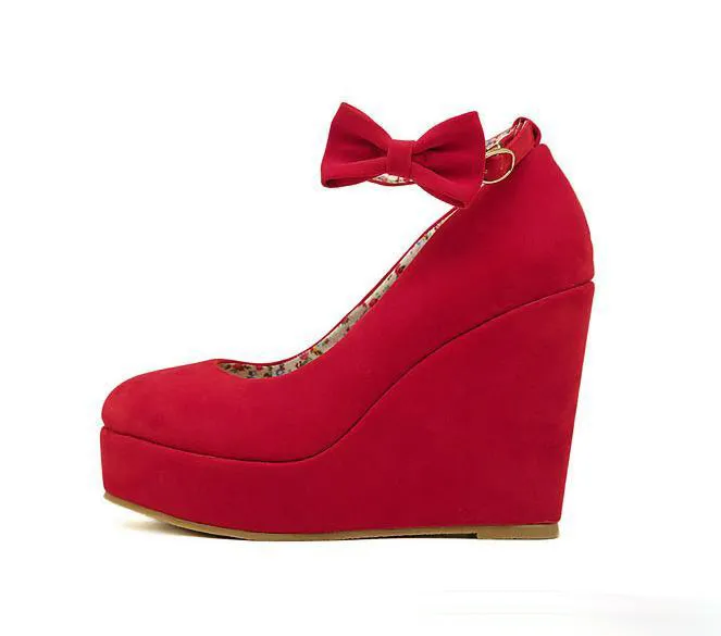 검은 bowtie plarform wedges womens 빨간 발목 스트랩 하이힐 결혼식 신발 2 색 35-39 사이즈