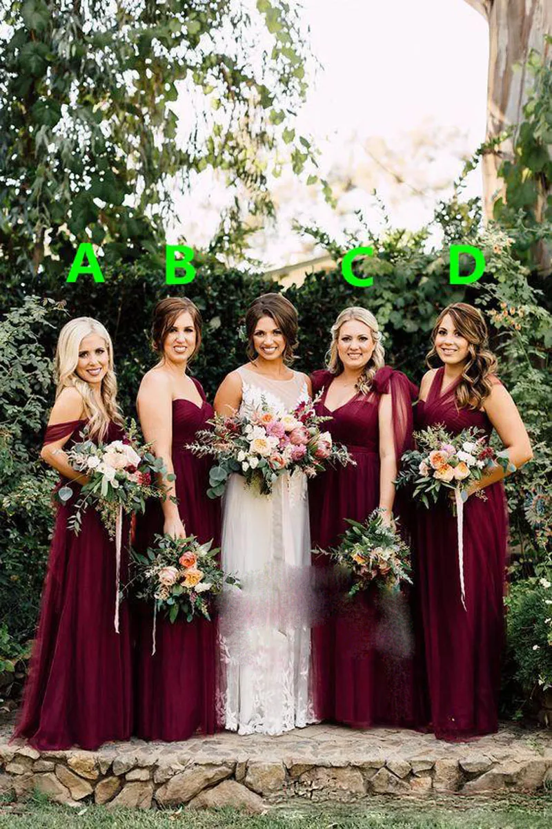 Burgundy Chiffon Long Boho Country Bridesmaid Dresses 2017 Formal Florals Autumn Garden Wedding Party Guest Junior Gowns