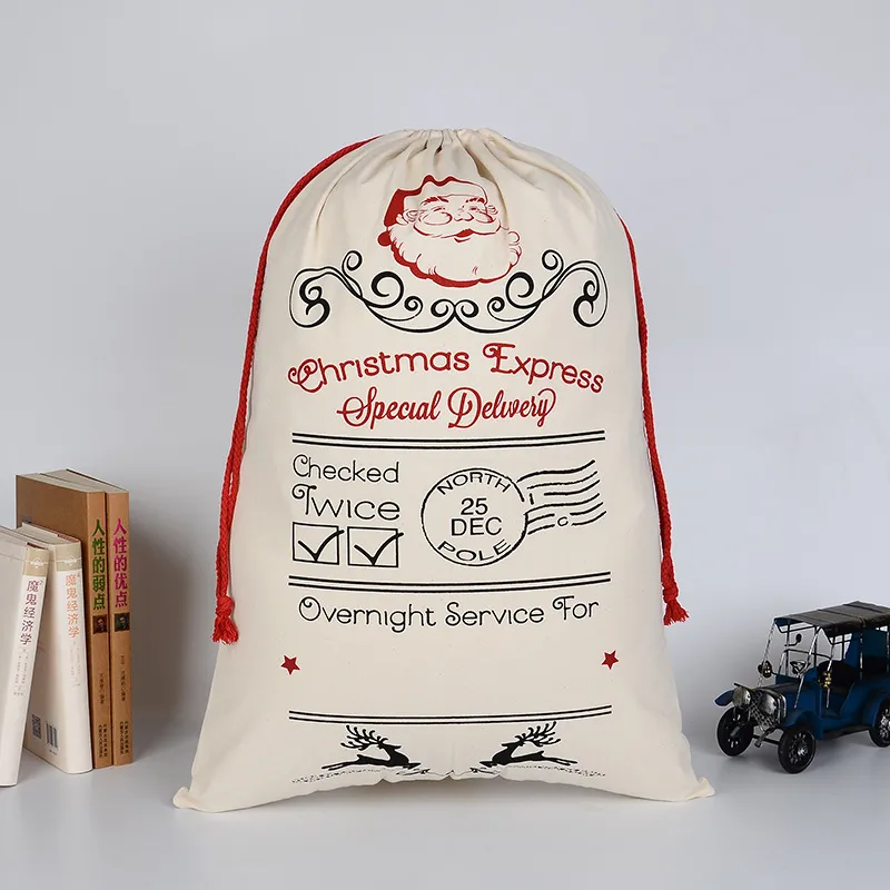 20 pz / lotto nuovo regalo di natale borse grande borsa di tela pesante organico sacco di santa borsa con coulisse con renne babbo natale borse sacco HK-24