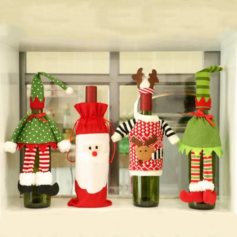 Christmas Wine Fles Covers Red Wine Bags Decoratie Santa Snowman Stijl met Rode Mooie Tie 2 stks met Retail Pakket Drop Shipping