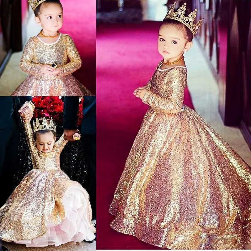 Robes de concours pour filles brillantes pour adolescentes, en dentelle à paillettes, manches longues, robe à fleurs, fermeture éclair au dos, robe de soirée pour enfants