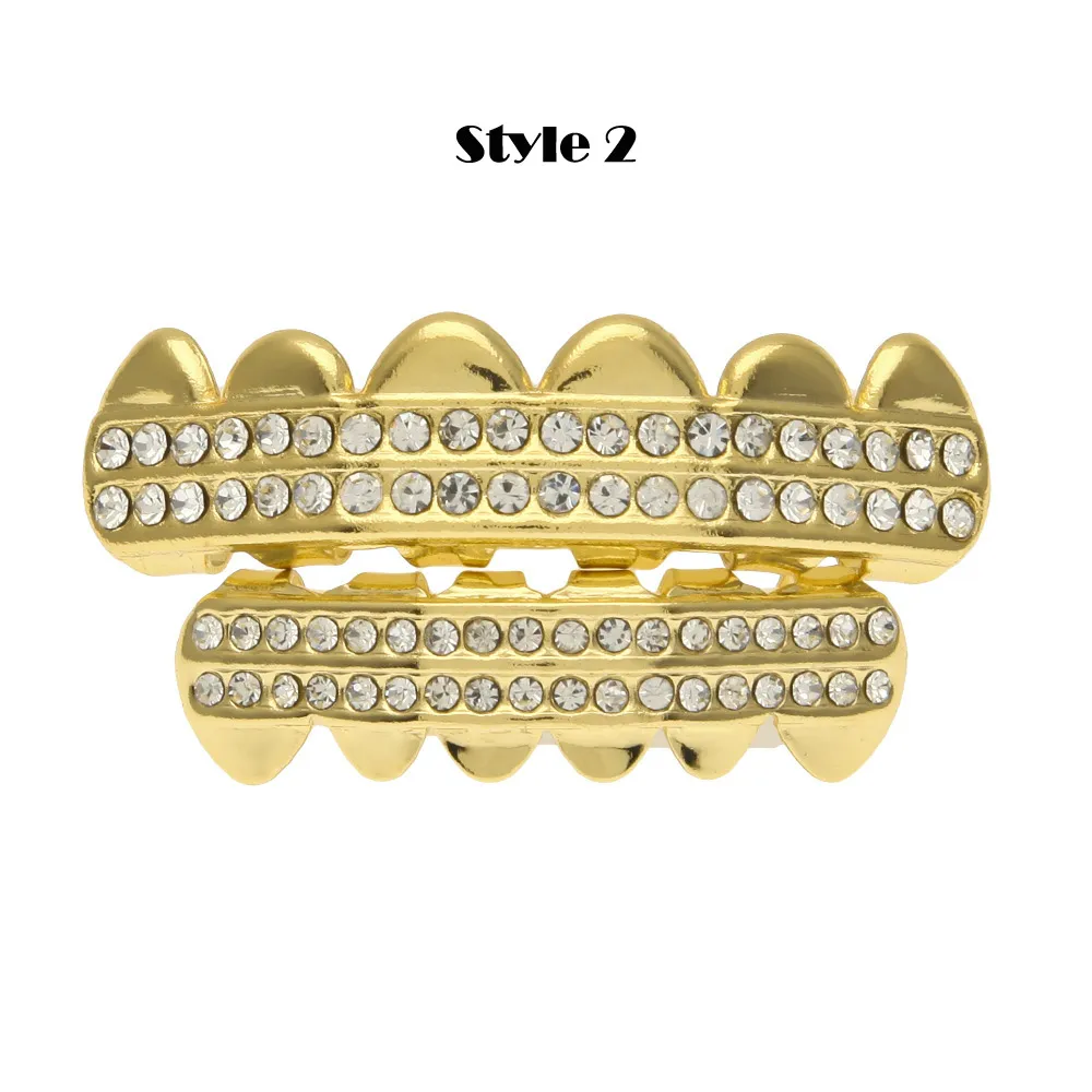 Hip Hop Bling Jewelry Bio Copper 18K Gold Plated Teeth Grillz Caps Top & Bottom Golden Grills Set Tooth Socket With Full Cubic Zirconia