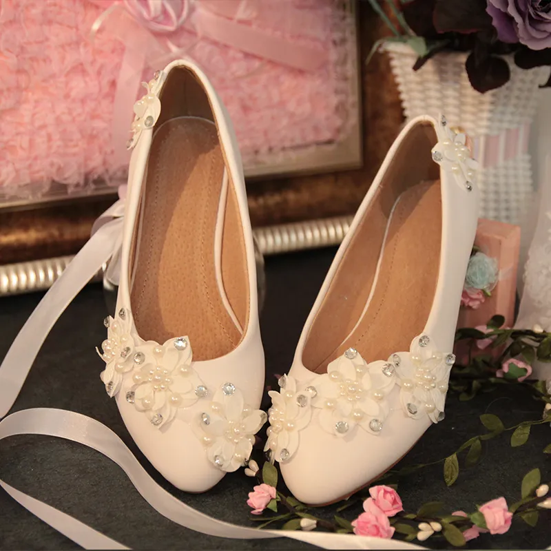 Party Prom White Color Punted Teen Rhinestone Decoratie verse platte bruids bruiloft schoenen Mooie kant bloem jubileum schoenen