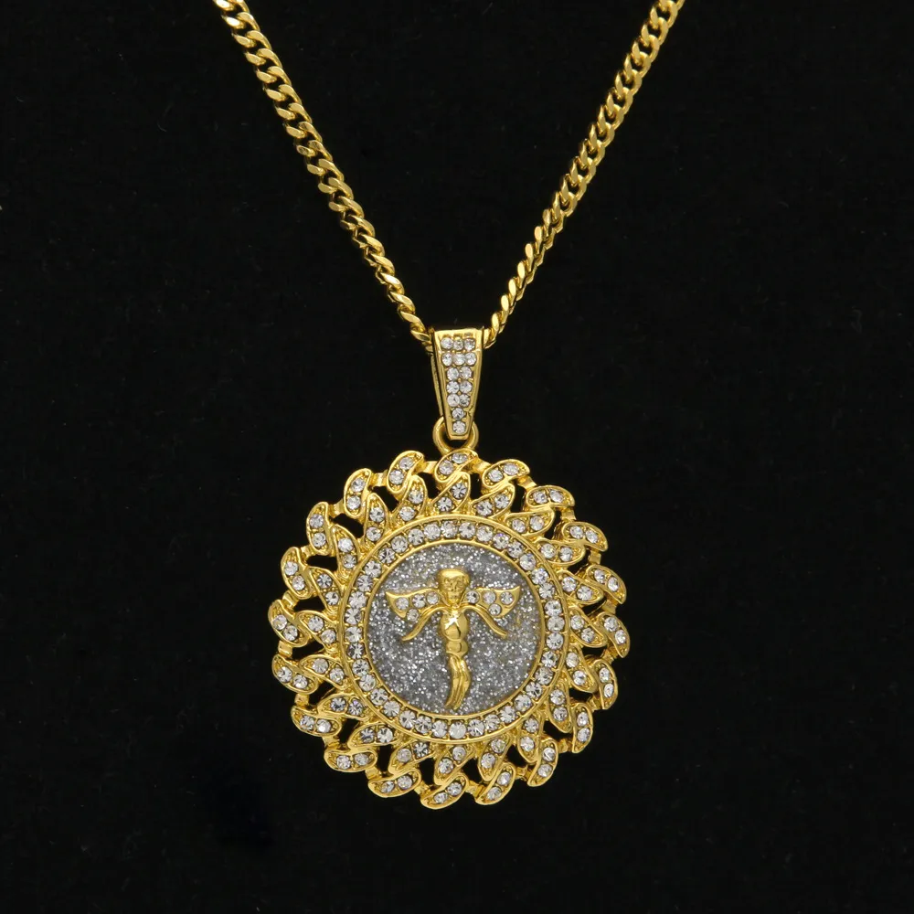 New Men Women Fashion Angle Pendant Necklace European Hip Hop Jewelry Silver/Gold Plated Shiny Rhinestone Round Necklace