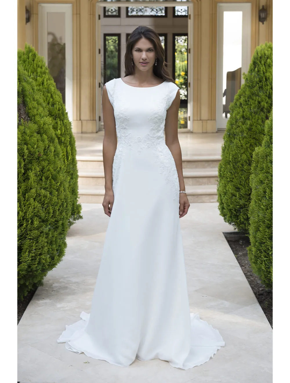 Chiffon Long Modest LDS Wedding Dress With Short Sleeves Lace Appliques Embellished Waist Buttons Over Zipper Back Simple Bridal Gowns 2024 From Totallymodest 78.97 DHgate.Com