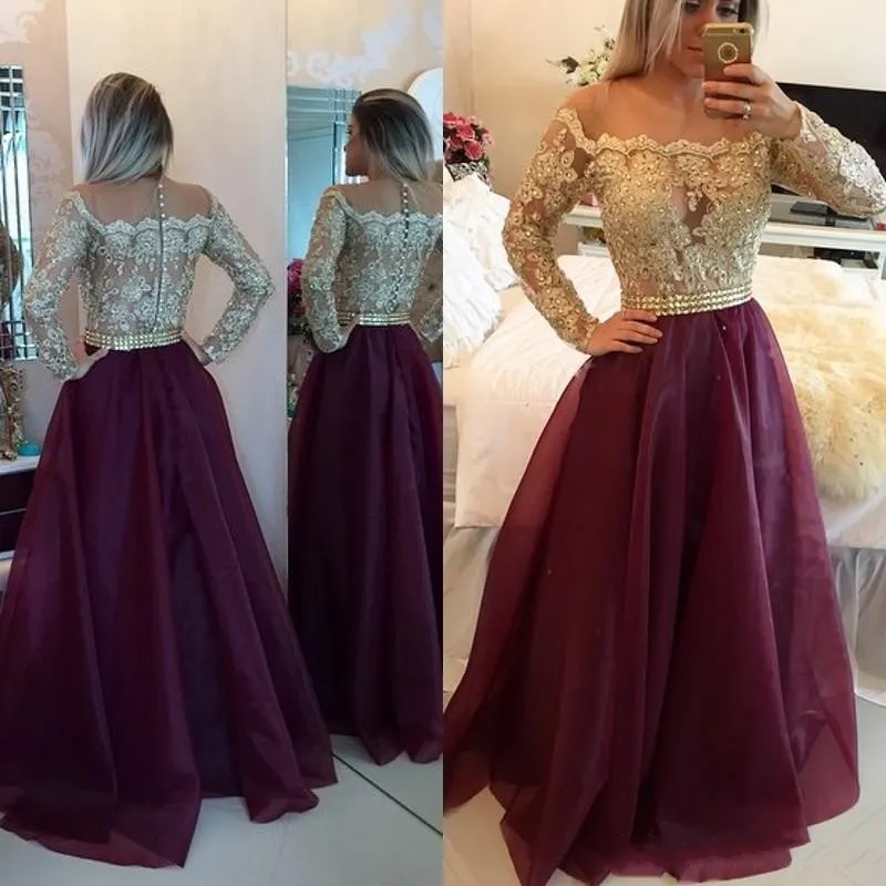 Vestidos de noite de ouro e bordô para graduação 2020 Apliques de manga longa vestidos formais de festa Aline Aline