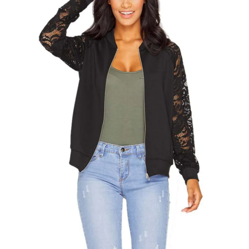Womens Suede Bomber Jacket Vintage Style Long Sleeve Lace Suede
