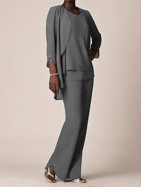 Grey Chiffon Formal Pant Suits For Mother Groom Dresses Evening Wear Long Mother of the Bride Dresses With Jackets Plus Size Custom Made