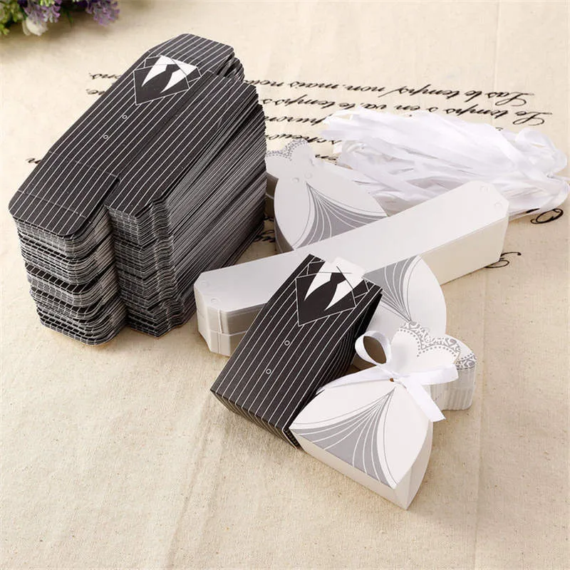  European Style Tuxedo Dress Bride & Groom Wedding Favors Candy Boxes Bomboniera Party Gift Boxes With Ribbons LZ0082