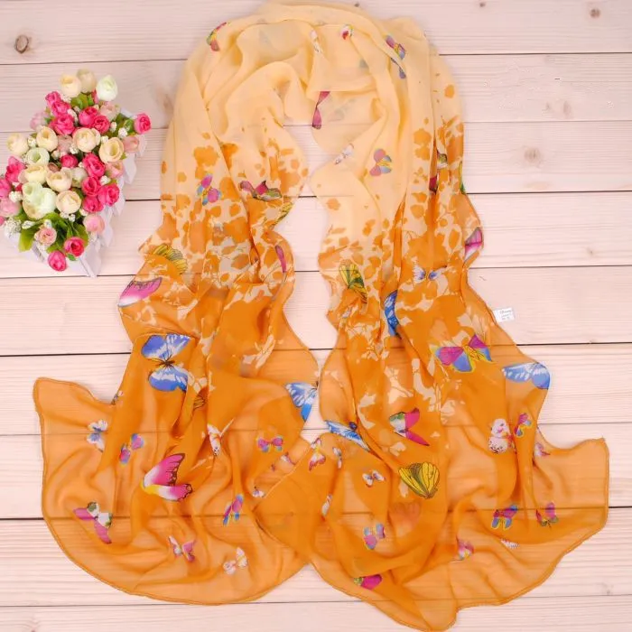 Colorful farfalla sciarpe in chiffon fiore nuovo disegno sciarpa di seta fiore stampa vendita calda pashmina scialle warp fascia all'ingrosso sciarpa GL-SX017
