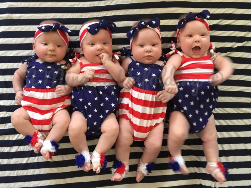 Pasgeboren baby meisje romper hoofdband set zomer mouwloze verenigde staten vlag baby baby kleding peuter jumpsuit kinderkleding outfit