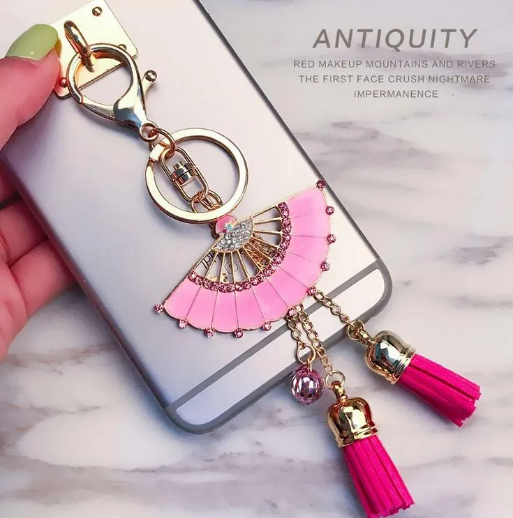 Mode Crystal Diamond Phone Tassel Nyckelringar Rosa och Blå Fläkt Tassel Hängsmycke Total Längd ca 16cm