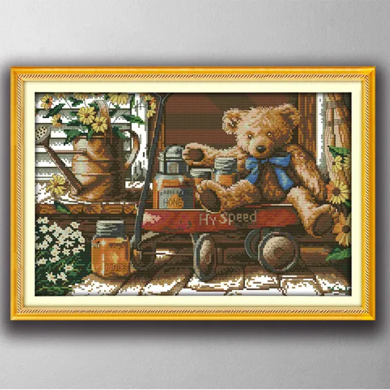 لوحات كارتون عسل جميلة الدب ، التطريز الإبرة اليدوية عبر الابره مجموعات عد المطبوعة على قماش DMC 14CT / 11CT