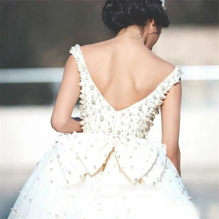 Piękne suknie ślubne 2019 Scoop Ball Suknie Perły Designer Bow Back Vestido de Noiva Suknie ślubne Cusrom