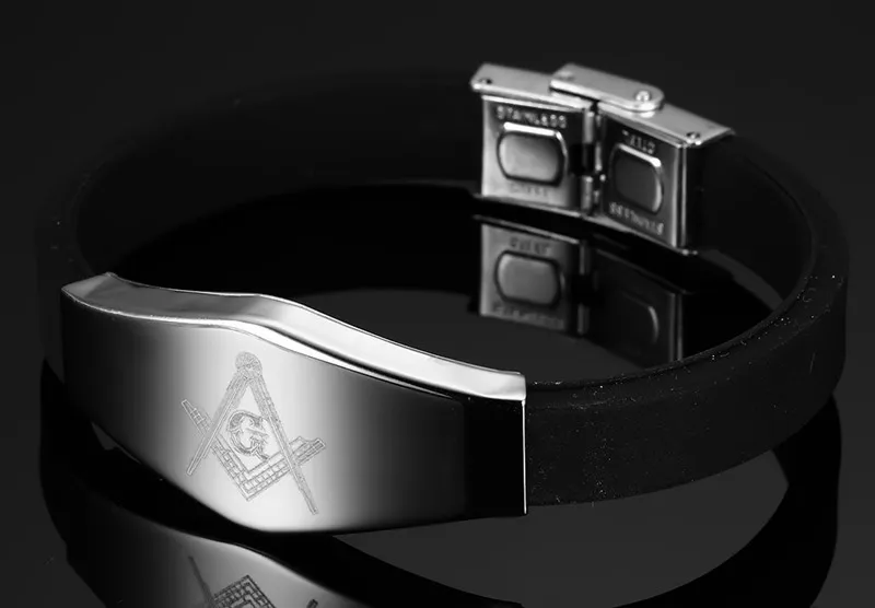 Rostfritt stål Hälsa Energi Svart Silikon Identifiering Armband Gratis Mason Masonic Emblem High Polished