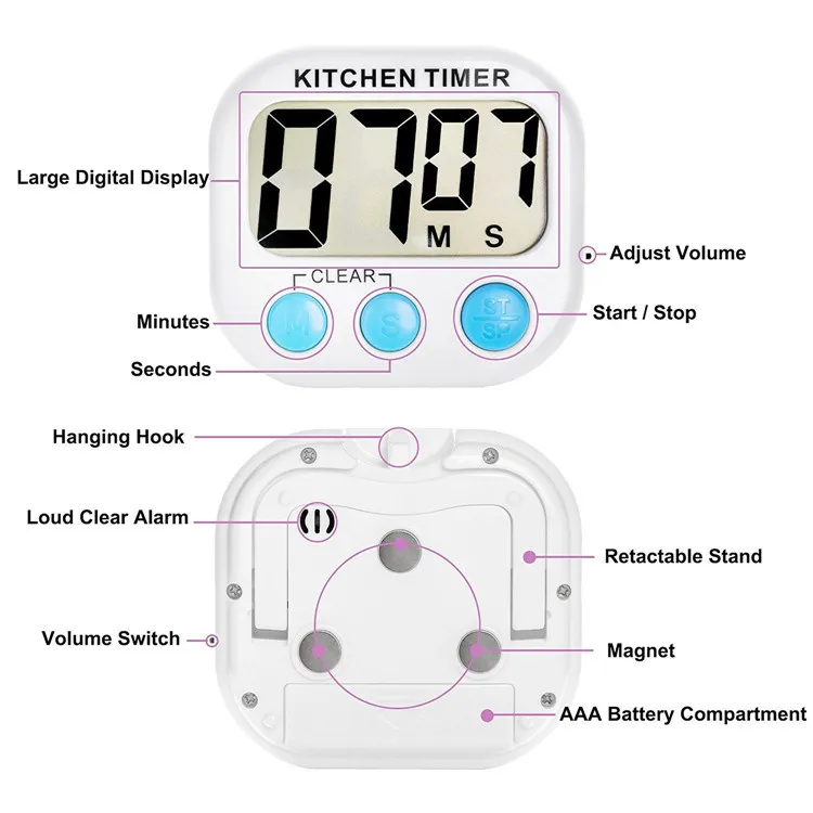 Digitaler Küchentimer mit hochwertiger magnetischer Rückseite zum Kochen, Backen und mehr LCD-Display, lauter Alarm, Countdown, DHL-KOSTENLOS