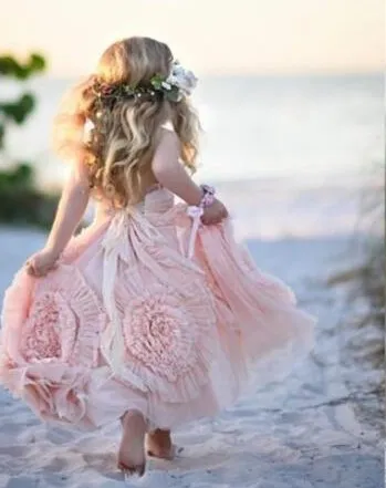 Pink A Line Flower Girls Dresses Lace Applique Ruffles Kids Formal Wear Sleeveless Long Beach Girls Pageant Gowns