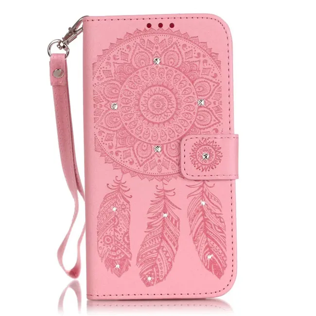 BLING DIAMOND DREAMCATCHER Wallet Leather Pouch Stand Card Slot Case Strap för iPhone X 7 8 Plus Samsung S7 Edge S8 S9 Plus