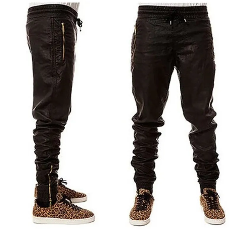 Wholesale- Cool Man New Kanye West Hip Hop Big Snd Tall Fashion Zippers Jogers Pant Joggers Dance Urban Clothing Mens Faux Leather Pants