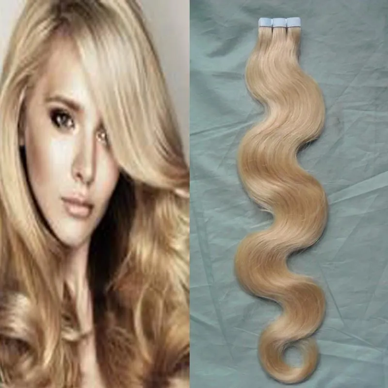 613 Bleach blond cabello humano Cinta Extensión del cabello humano onda del cuerpo Cinta de doble cara Extensiones de cabello de trama de piel 40 piezas 100 g