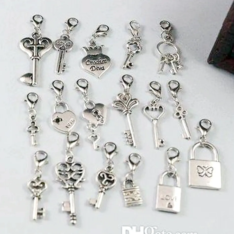 Hot ! Antique Silver mixed Heart Crown Lock / Key Dangle Beads And Lobster Clasp DIY Jewelry 17 style