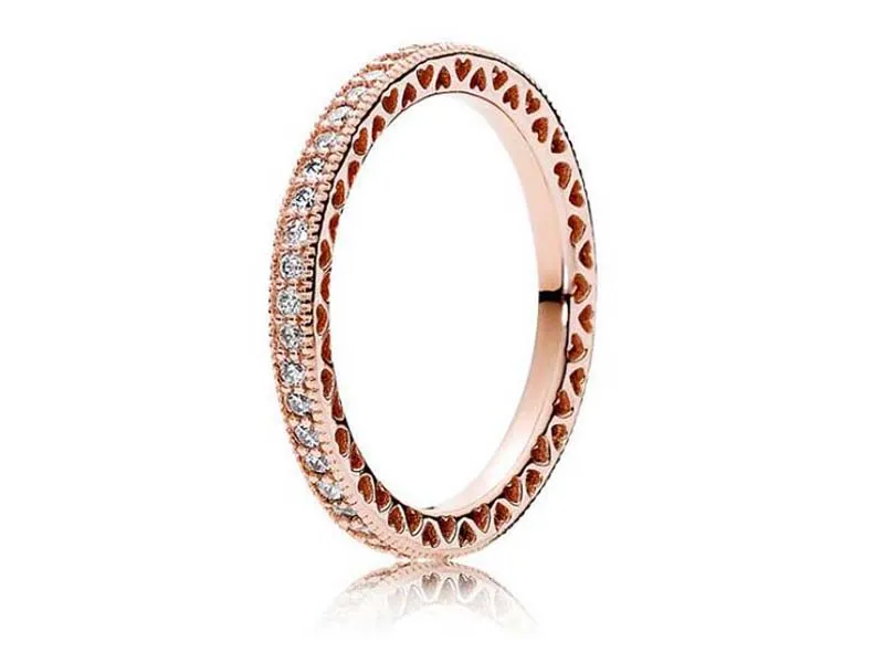 Rose Gold Plated 925 Sterling Silver Ring Hearts of European Pandora Style Smycken Charm Ring Gift