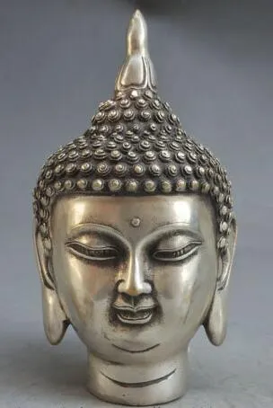 Statue de tête de bouddha en argent, 7 pouces, bouddhisme du Tibet, Temple Shakyamuni Sakyamuni Amitabha