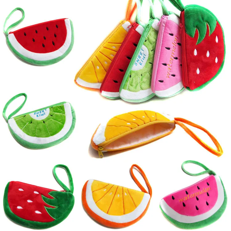 Monederos de frutas 5 estilos Nuevos Monederos de dibujos animados de felpa Monederos de fresa sandía Monedero naranja Bolsas de monedas Bolsas para auriculares Bolsa para teléfono móvil