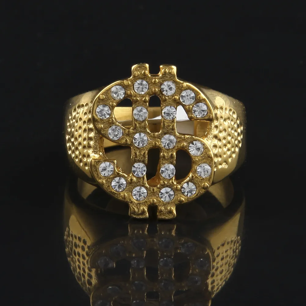 Hiphop gesimuleerde diamant dollar charme ring voor mannen mode rotsstijl roestvrij staal vergulde bling bling $ ring