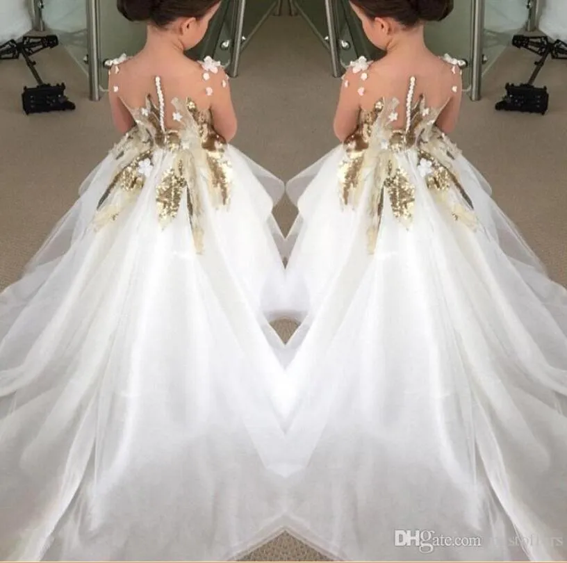 2022New Design Flower Girls Dresses For Weddings Long Sleeves Gold Sequins Pageant Party Gowns First Communion Dress For Child Teens Custom