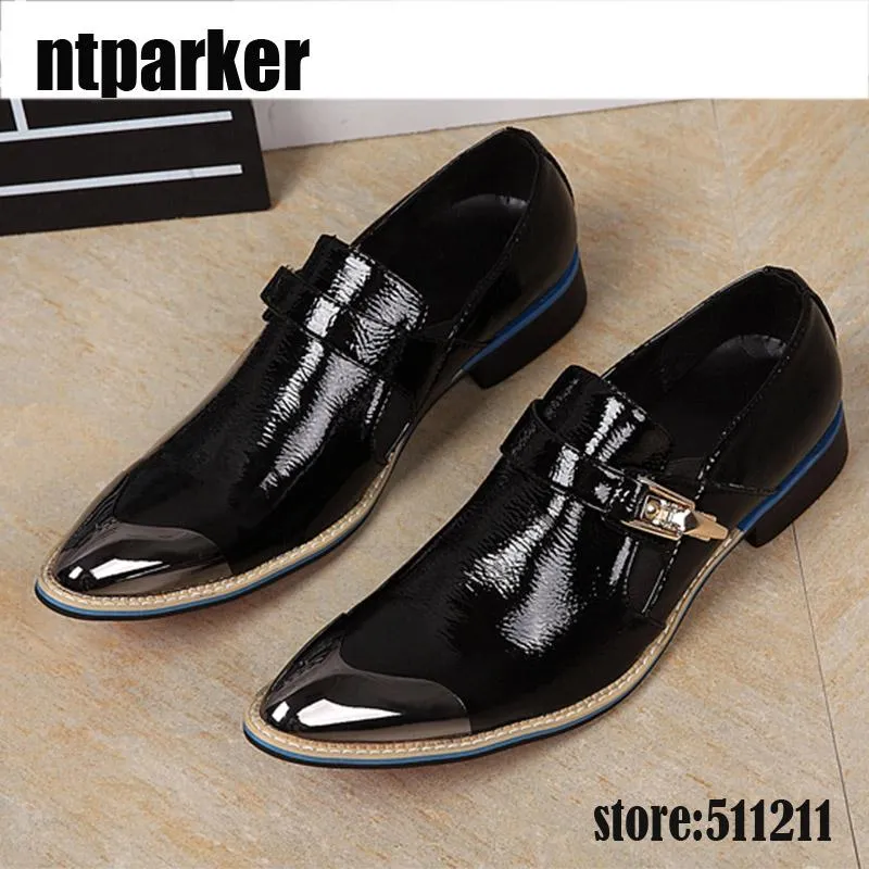 Brand Designer Metal Pointy Toe Dress Shoes Buckle Shinny Flat Bridegroom Wedding Shoes Men Black Soft Leather Black!