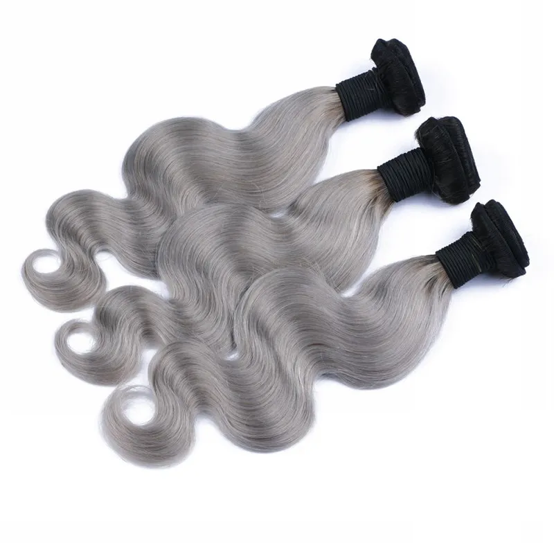 Ombre Body Wave Hårbuntar med stängning Brasiliansk Virgin Hair Dark Root # 1b Grå hårväft med stängning 4x4 / mycket