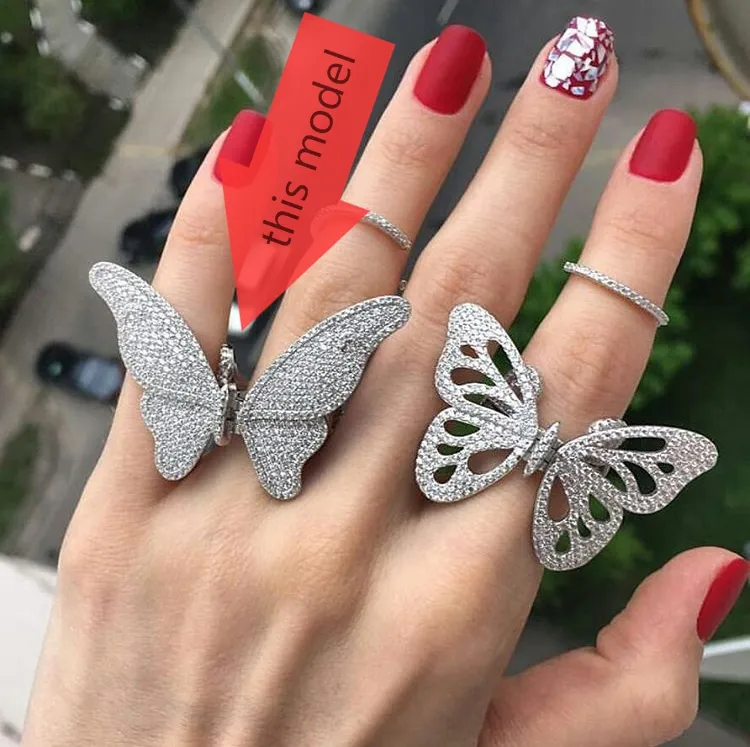 sterling silver 925 ring with the moving butterfly ring with moving wings with white zircon wedding jewelry